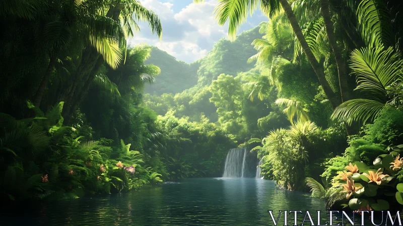 Lush tropical waterfall pool lies hidden within dense jungle