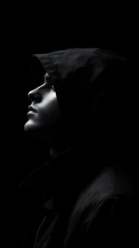 Hooded profile silhouette cuts sharp contrast from black void.