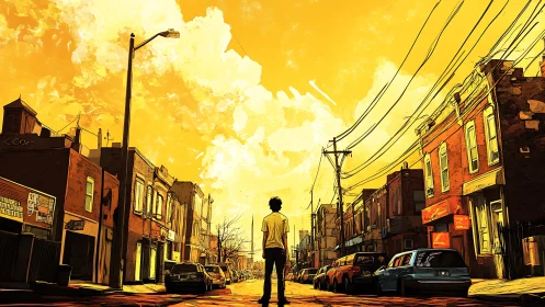 Person stands alone on sunlit urban street under orange sky