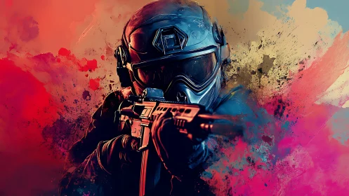 Armored soldier aiming rifle in abstract color field.