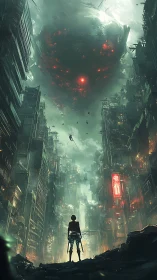 Solitary figure beneath vast burning sphere over city ruins.