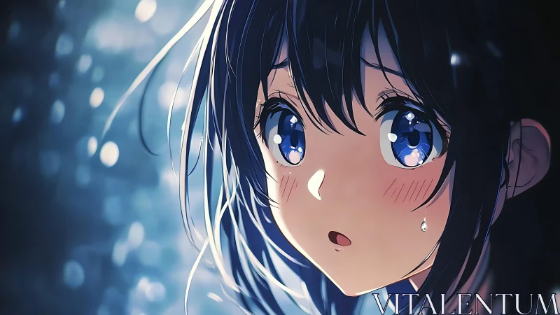 Tearful blue eyed girl in luminous anime close up portrait.