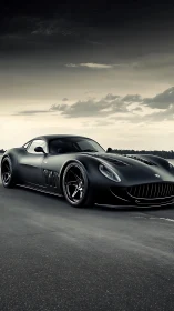 Matte-black aero GT coupe under dramatic gradient sky.