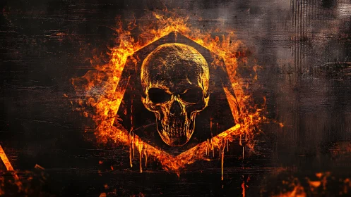 Incandescent skull emblem framed by hexagonal flaming perimeter