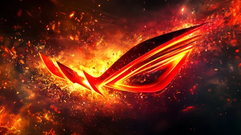 Stylized red emblem amid abstract fiery particle field.