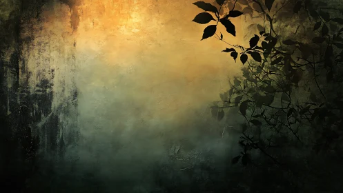 Soft golden haze with dark foliage silhouettes at dusk.