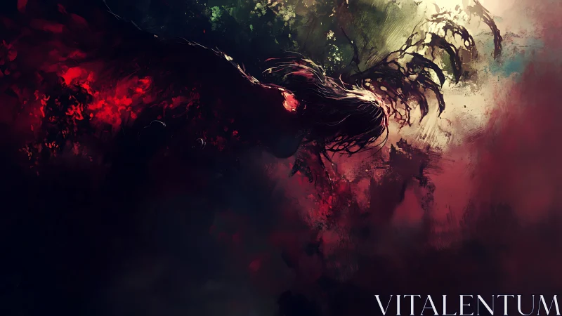 Dark winged figure emerging through abstract red haze