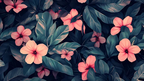 Pink Flowers Against Dark Foliage. Digital Garden Study.