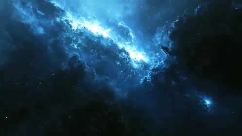 Lone starship glides through luminous blue cosmic storm