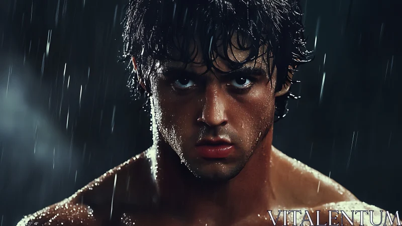 Wet muscular man under dramatic rain with intense stare.