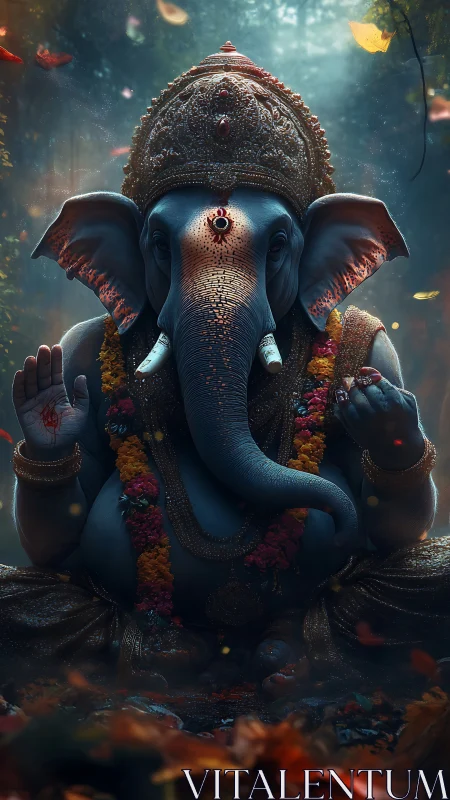 Hyperrealistic Ganesha deity render with garlands in forest shrine