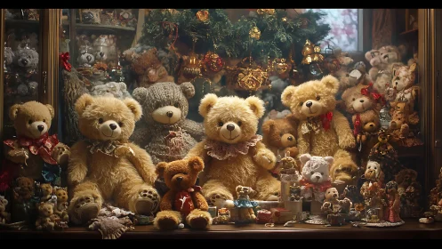 Vintage teddy bear collection under warm festive lights.