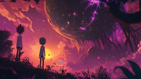 Dual observers beneath fractured cosmic superstructure at dusk.