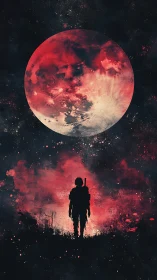 Lone wanderer beneath blood moon in cosmic red haze.
