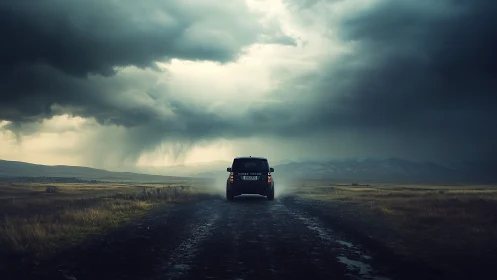 SUV drives lone gravel road under dark storm clouds
