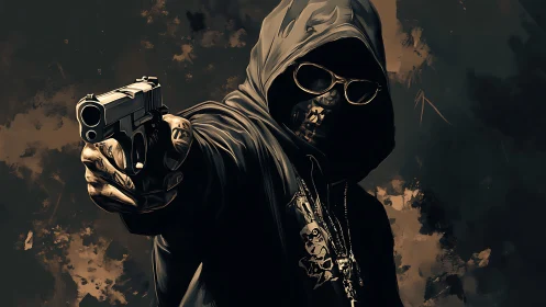 Hooded masked figure aiming handgun in stylized dark portrait
