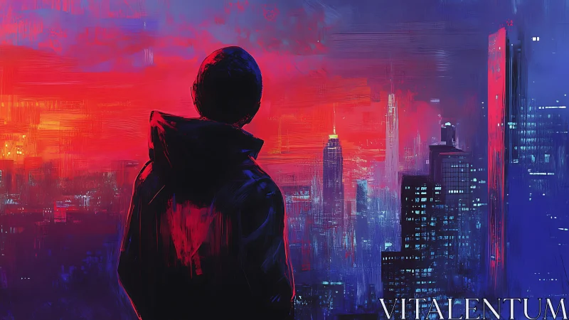 Solitary dreamer soaking in a glowing neon city sunset.