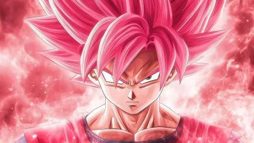 Fiery pink haired anime warrior stands ready in glowing power