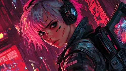 Cybernetic woman in neon city with headset and gear at night.
