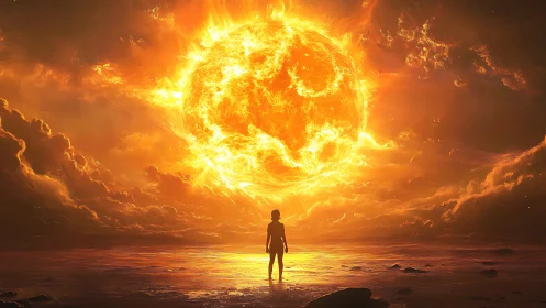 Solitary observer before colossal stellar firefront horizon.