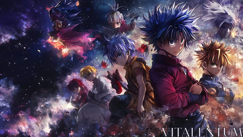 Young anime heroes stand within swirling cosmic nebula