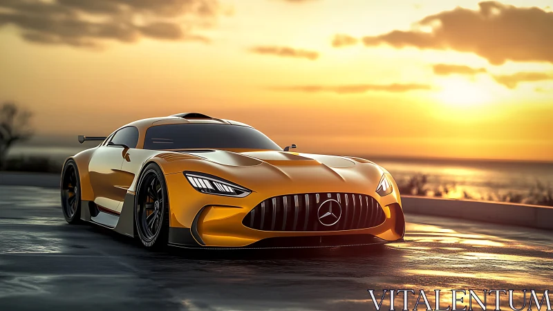 Golden sunset supercar poised at the edge of the coast.