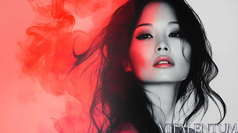 Monochrome portrait intersected by red chromatic smoke veil.