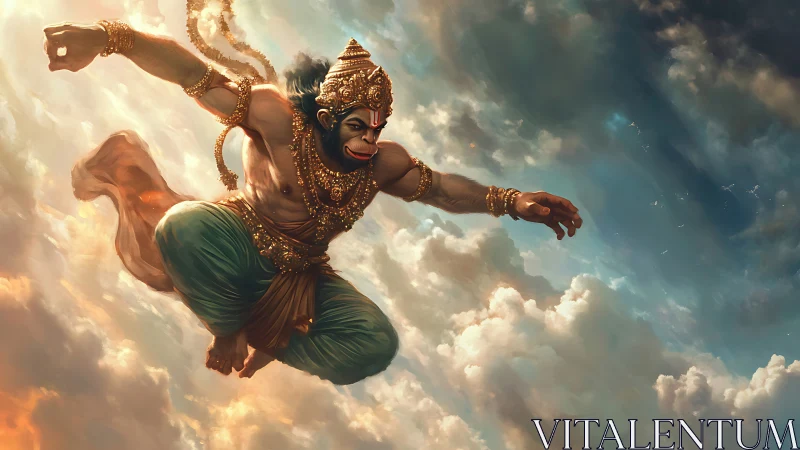 Mythic monkey warrior soars through stormlit heavens.