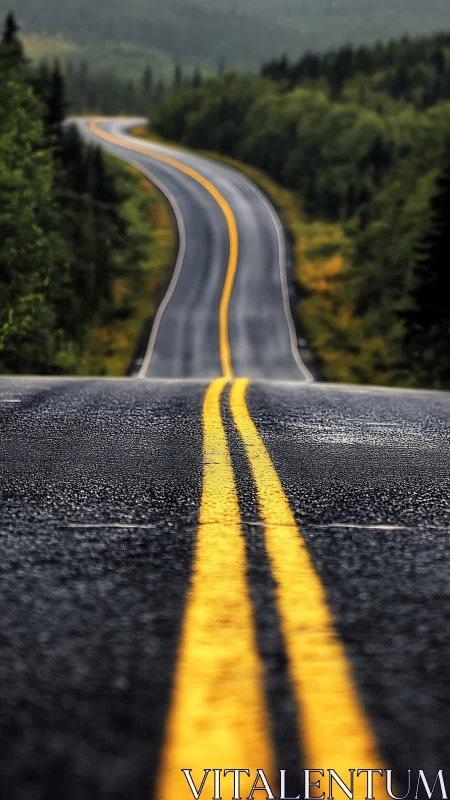 Curving two-lane asphalt roadway with yellow center lines.