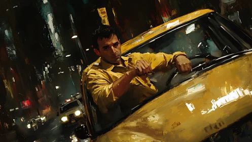 Man driving yellow taxi through dense nocturnal traffic.