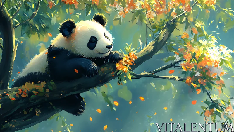 Dreamy panda dozes in a sunlit blossom-swept treetop.