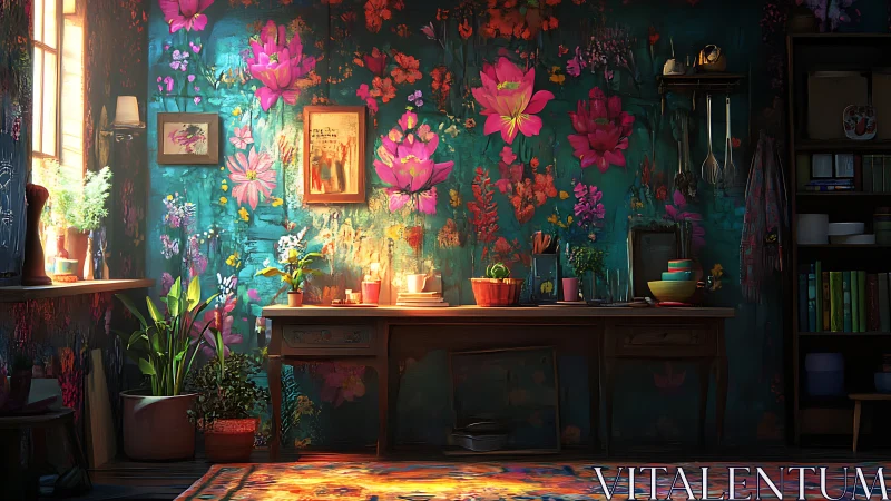 Sunlit floral studio where walls bloom louder than plants.
