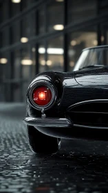 Classic black coupe rear glows against wet urban glass