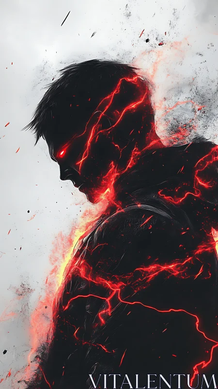 Molten silhouette warrior with eruptive crimson energy lines.