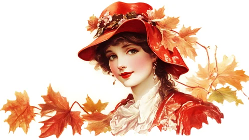 Autumn lady in a red hat framed by golden falling leaves.