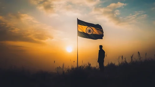 Silhouetted observer under Indian flag at cinematic sunset