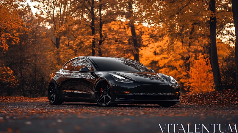Glossy black electric car glides through fiery autumn forest.