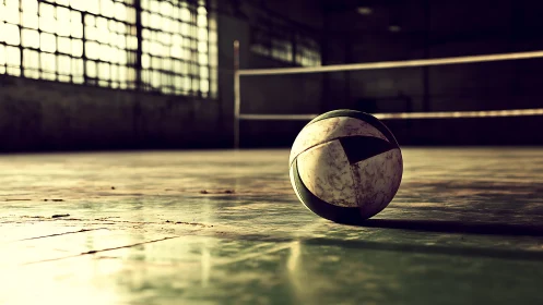 Worn volleyball resting on indoor court under low light.