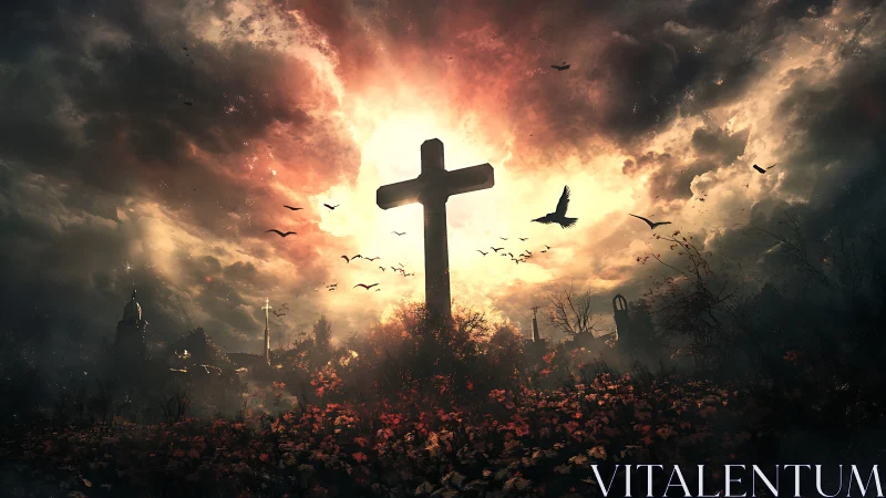 Large cross silhouette in dramatic backlit cloudy sky scene.