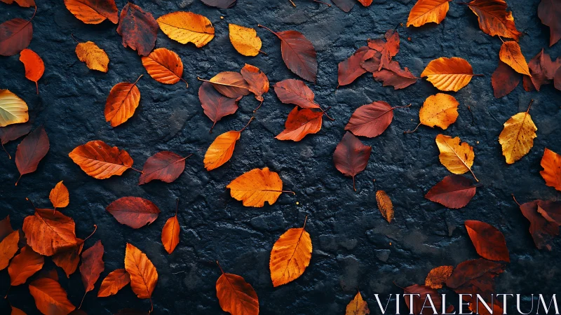 Autumn leaves scattered on dark stone, glowing with warm color.
