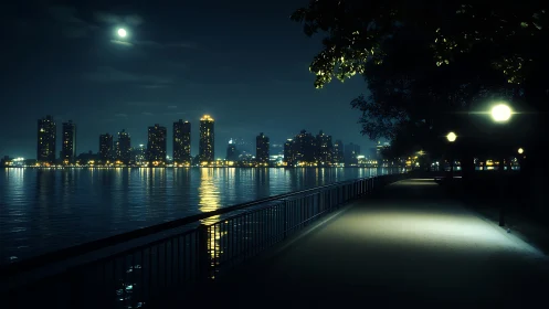 Urban riverside promenade is illuminated under moonlit sky