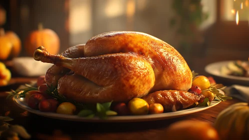 Roasted holiday turkey rendered in warm photorealistic light