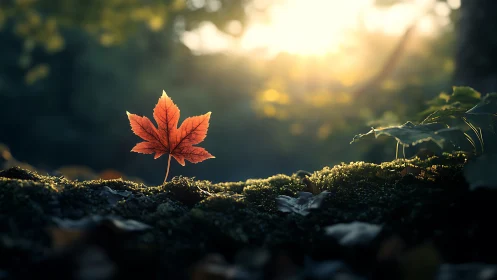 Backlit maple leaf isolated in shallow-depth forest foreground