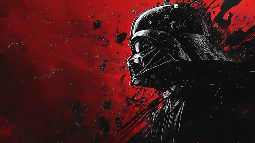 Dark-helmed silhouette cuts through blazing crimson chaos.