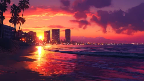 Sunset illuminates coastal city skyline and reflective surf
