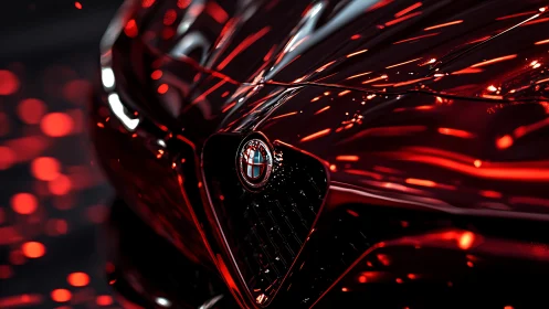 Gleaming red sports car grille pulses under dynamic neon lights