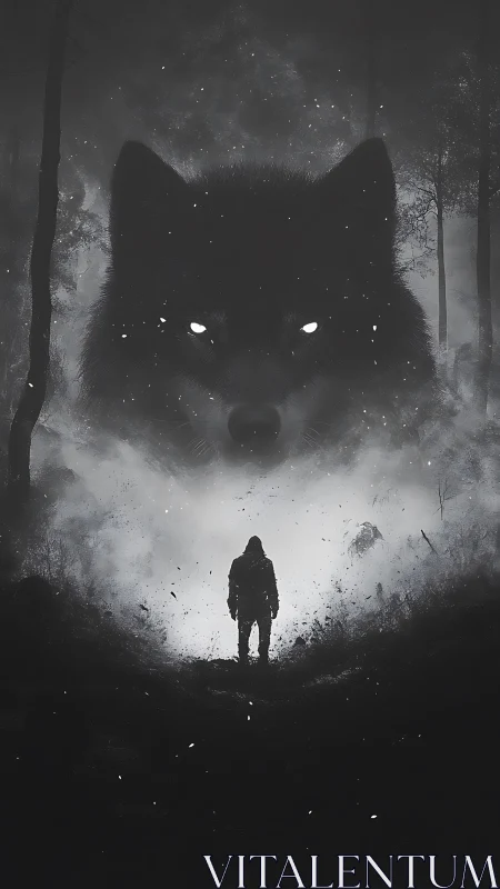 Monochrome spectral wolf visage over lone forest wanderer.