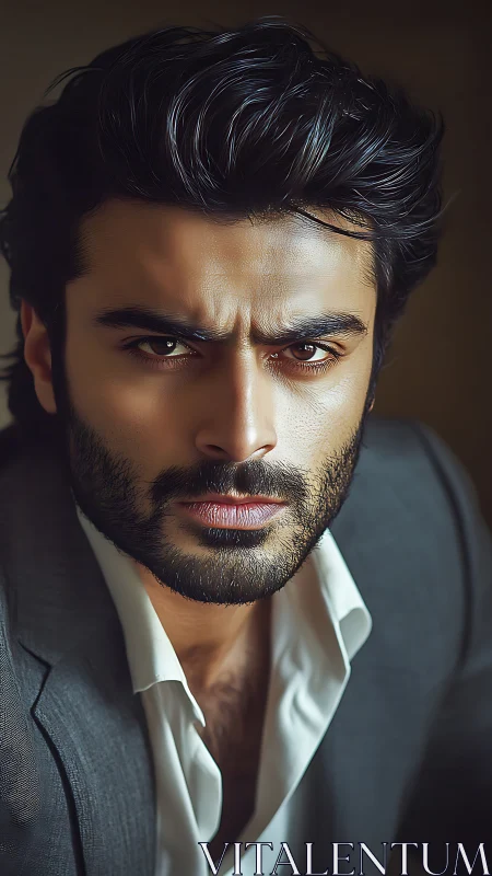 Intense bearded man in suit stares with fierce determination