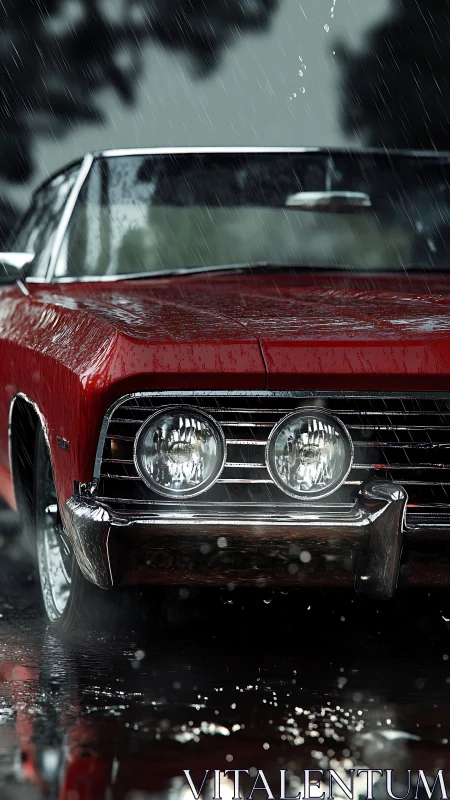 Red classic coupe front in cinematic rain close-up shot.