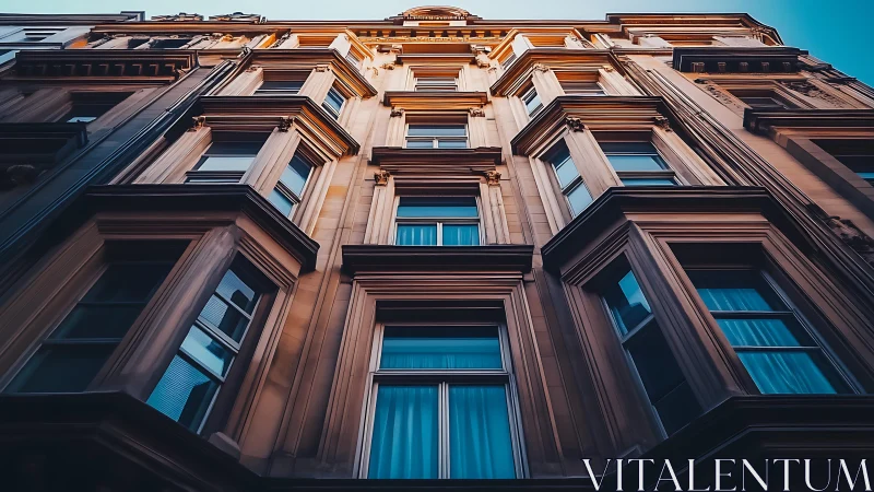 Warm evening light climbs an ornate urban facade skyward